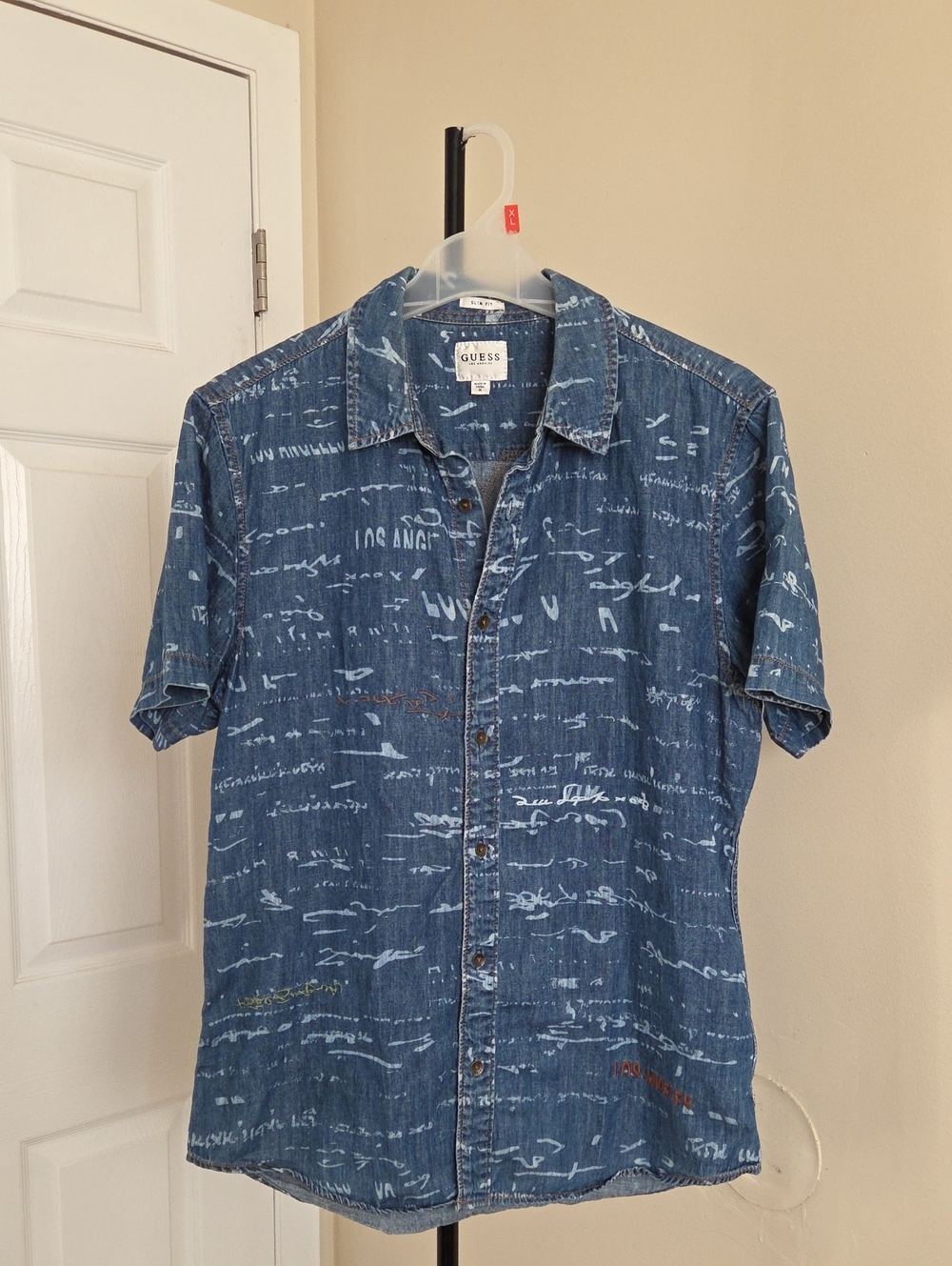 GUESS 100% Cotton Short-Sleeve Denim Print Button-Up Shirt - Blue